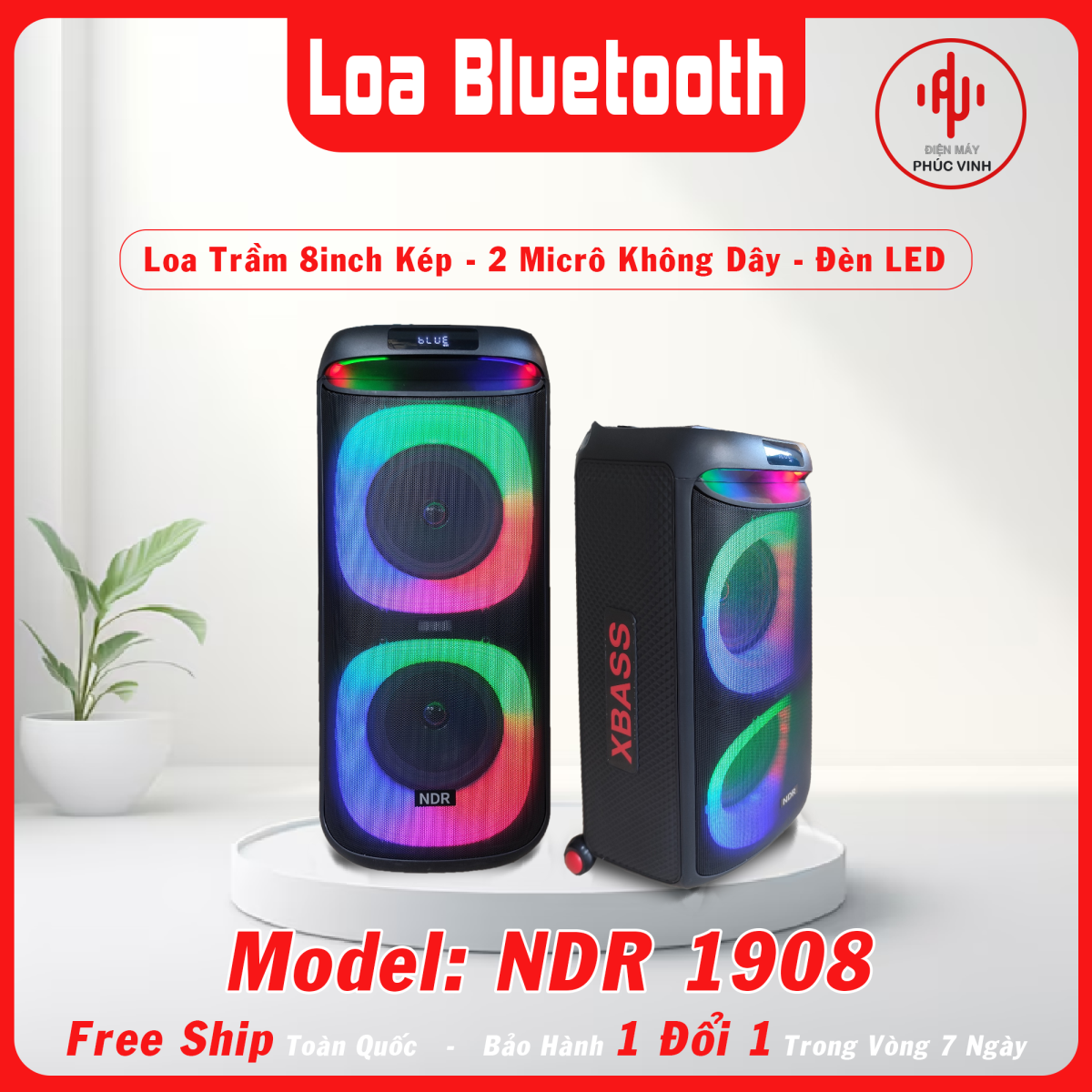 Loa Bluetooth siêu trầm NDR 1908 công suất lớn, tích hợp dải đèn ...