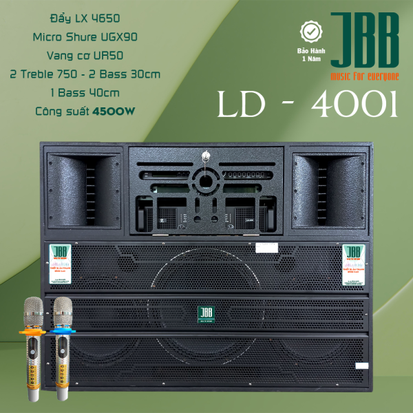 Loa Điện JBB LD4001 Công Suất 4500W - Hệ Thống Loa Bass Mạnh Mẽ, Treble Cao Cấp, Vang Cơ UR50 và Micro SHURE UGX90