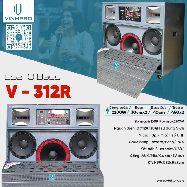 Loa Karaoke 2 Bass 50 Vinhpro V-312R. Công Suất khủng 2200W, Kèm 2 Micro