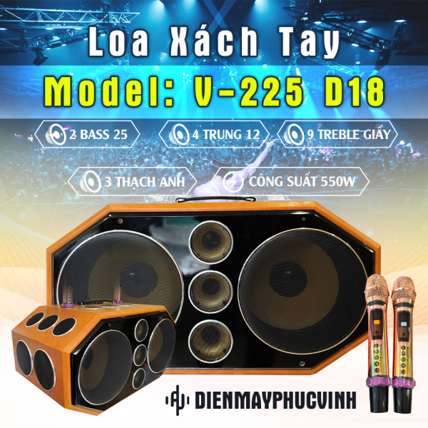 Loa xách tay 18 đường tiếng V-225 D18, Công suất lớn 550W, Kèm 2 Micro UHF Chống Hú