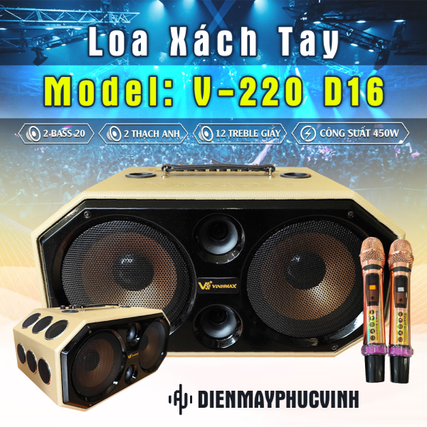 Loa xách tay 16 đường tiếng V-220 D16, Công suất lớn 450W, Kèm 2 Micro UHF Chống Hú