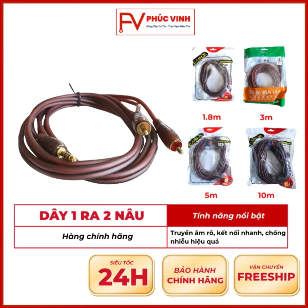 Dây Loa 1 Ra 2 Nâu, Dây 1 Đầu 3.5 Ra 2 Đầu AV Dài 3m, 5m, 10m