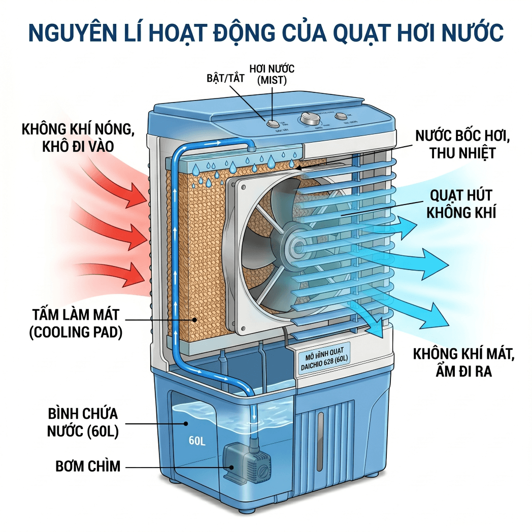 NGUYÊN LÍ HOẠT ĐỘNG CỦA QUẠT ĐIỀU HÒA HƠI NƯỚC
